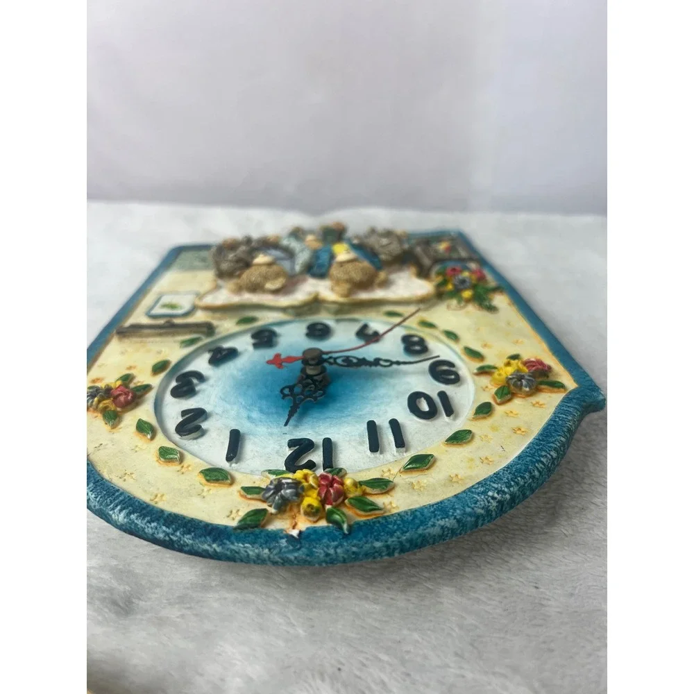 Vintage Teddy Bear‎ Family 3D Resin Wall Clock Nursery Decor Blue Cream 8x6